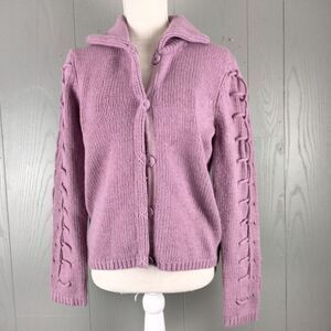 Sundance Cardigan Sweater Womens SMALL Purple 70% Lambswool Chunky Knit Peasant